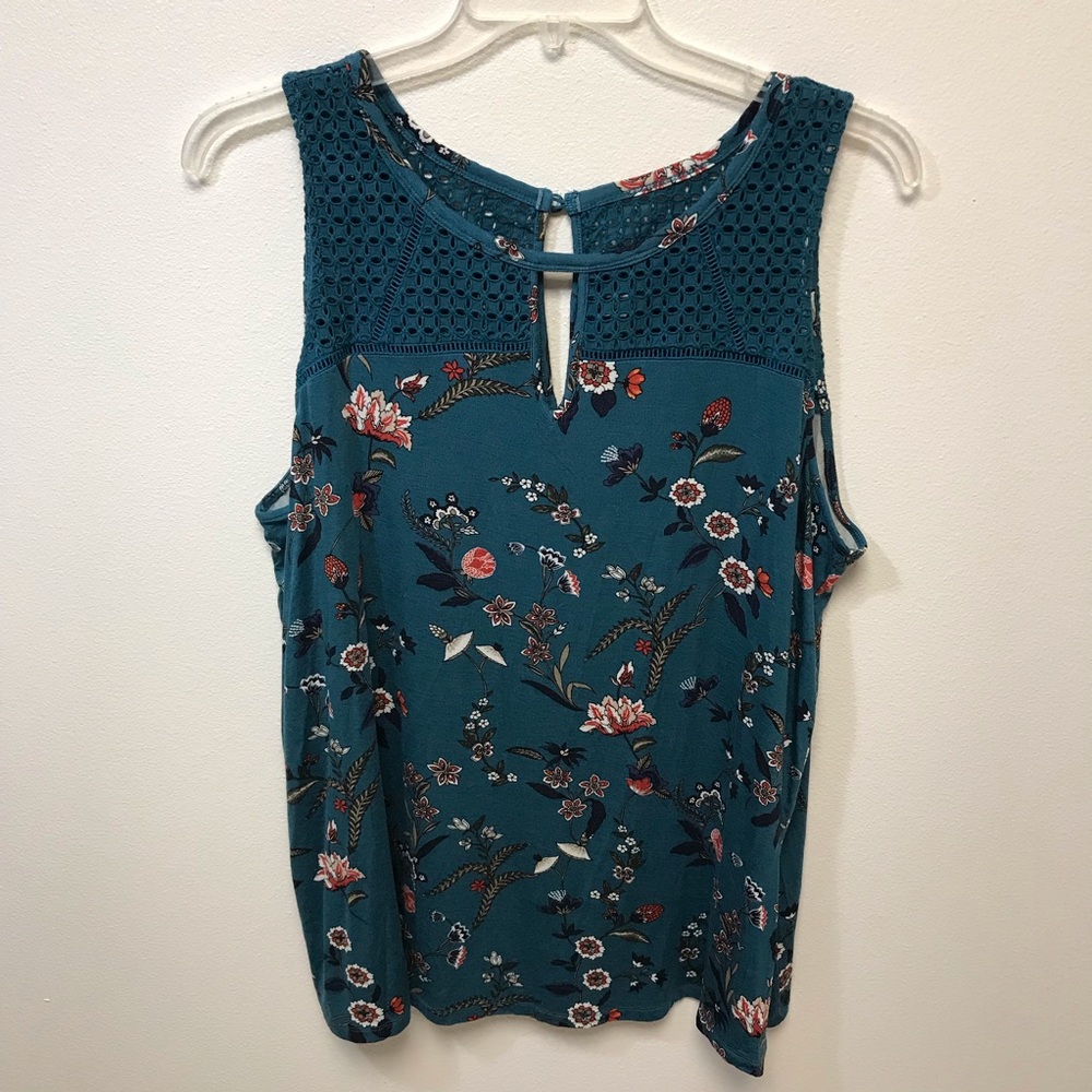 torrid Teal Floral Crochet-Yoke Tank Top